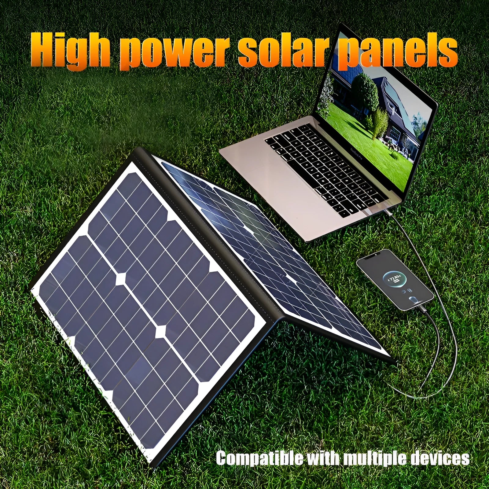 Black 40W folding bag portable solar panel shown folded, for outdoor camping and emergency charging.