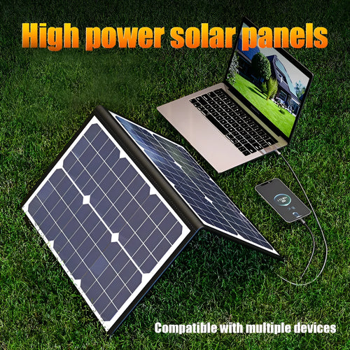 Black 40W folding bag portable solar panel shown folded, for outdoor camping and emergency charging.