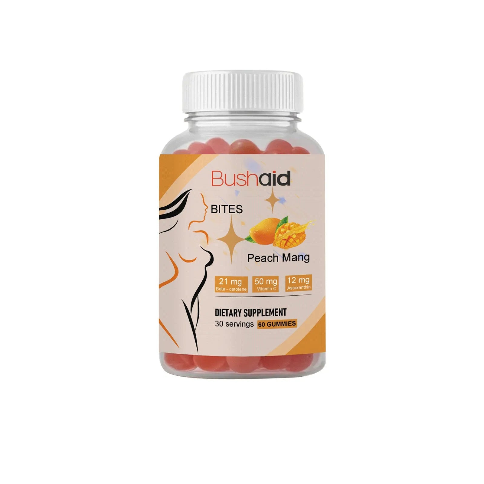 BUSHAID Tanning Gummy Candies dietary supplement bottle showing 60 vegan soft gummies with astaxanthin.