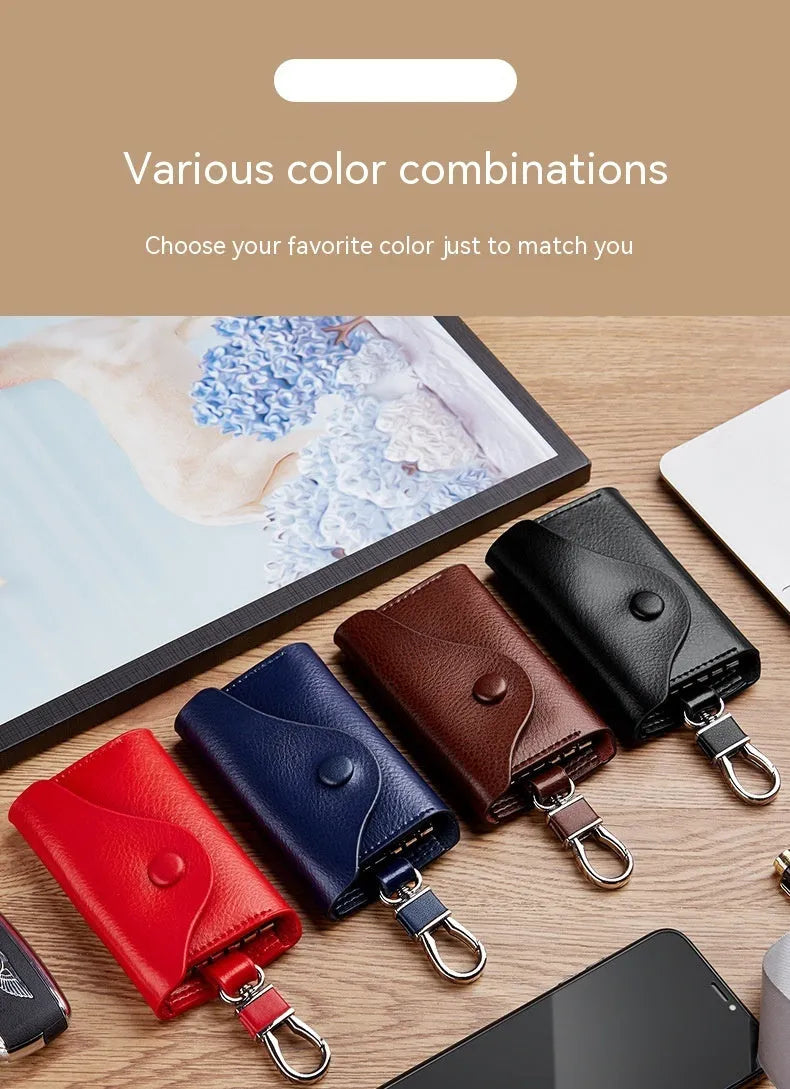Square genuine leather keychain card holder with key ring in black colour.