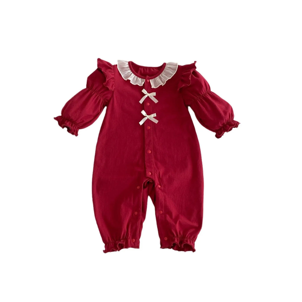 Red cotton long sleeve baby jumpsuit for autumn, double breasted climbing style, suitable for 66-90cm height