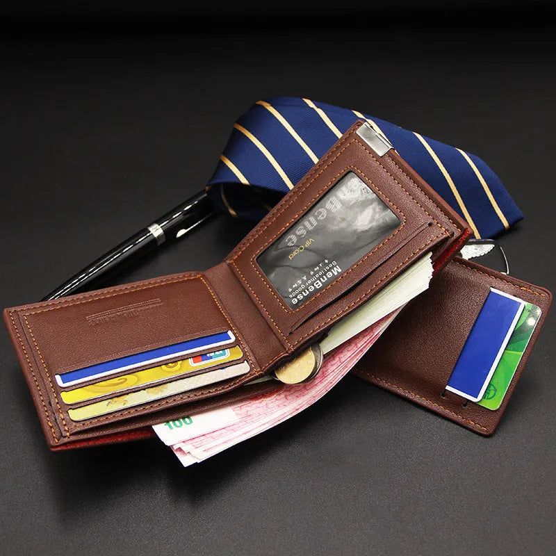 Men's black PU leather short wallet with iron-edge card-picking feature, shown with cards and coins.