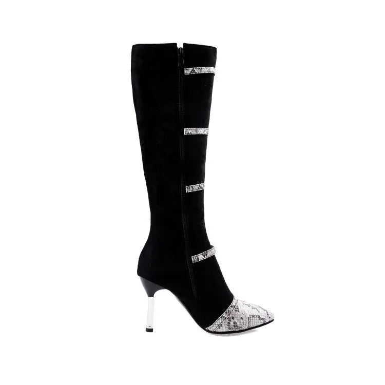 Women's grey knee high stiletto boots with a 9cm heel and pointed toe on a plain background.