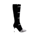 Women's grey knee high stiletto boots with a 9cm heel and pointed toe on a plain background.