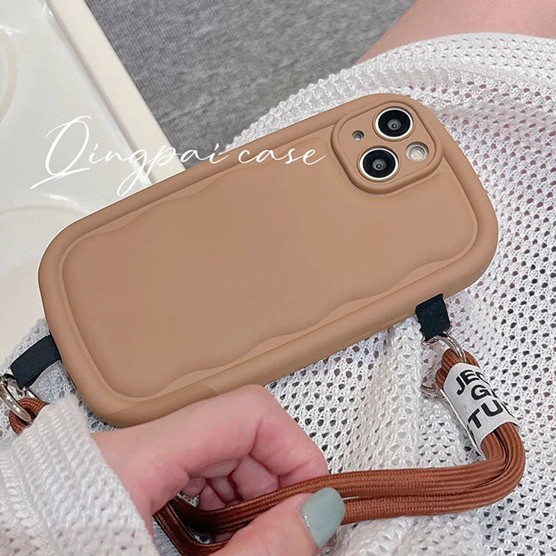 TPU phone case with ribbon wrist lanyard for Apple iPhone, three-dimensional decorative texture, purple colour option