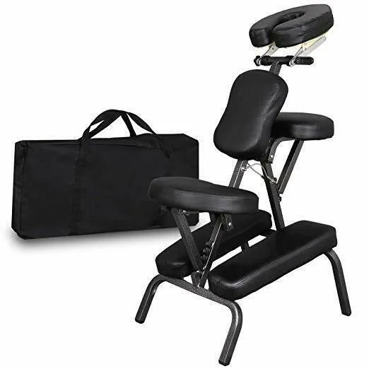 Folding massage chair in black with PVC leather seat and wood steel frame for tattooing and massage use