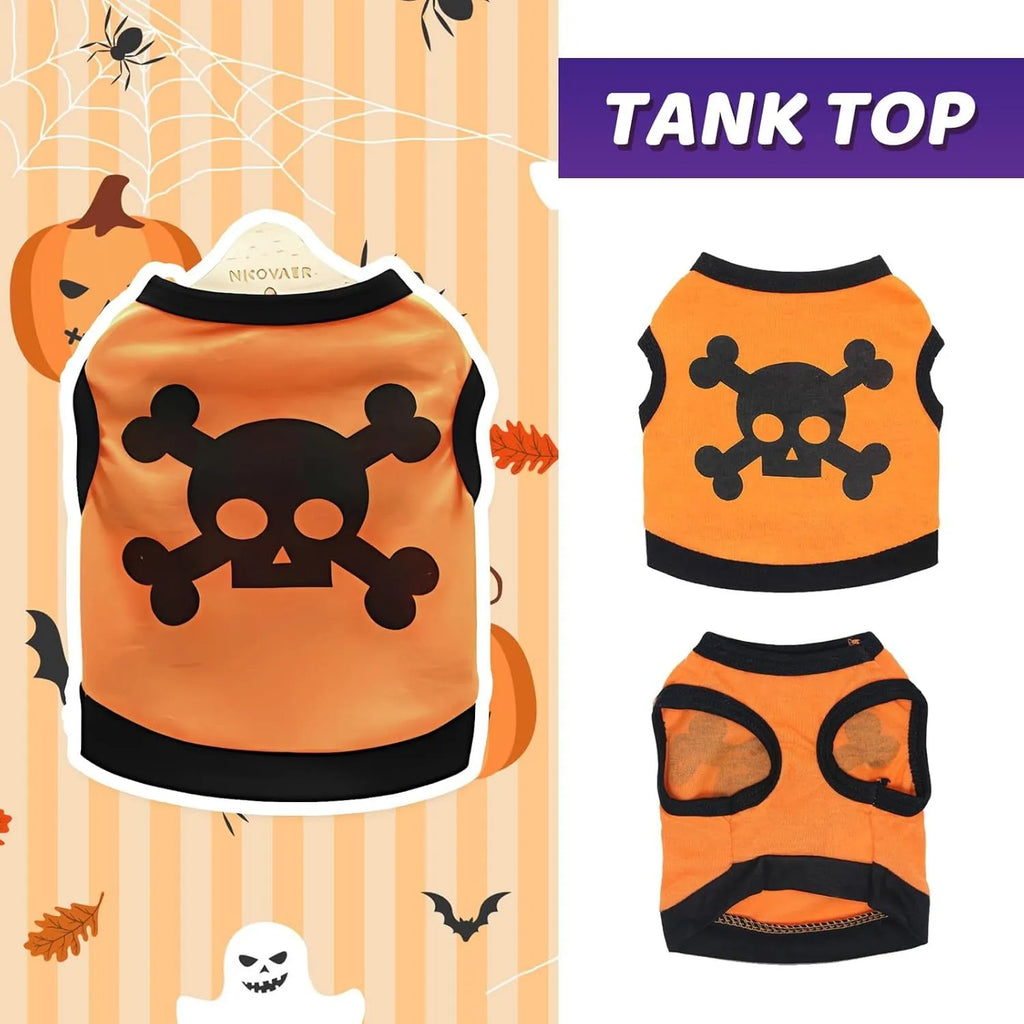 Blue Halloween dog vest with white skull bones pattern on colour block cotton fabric