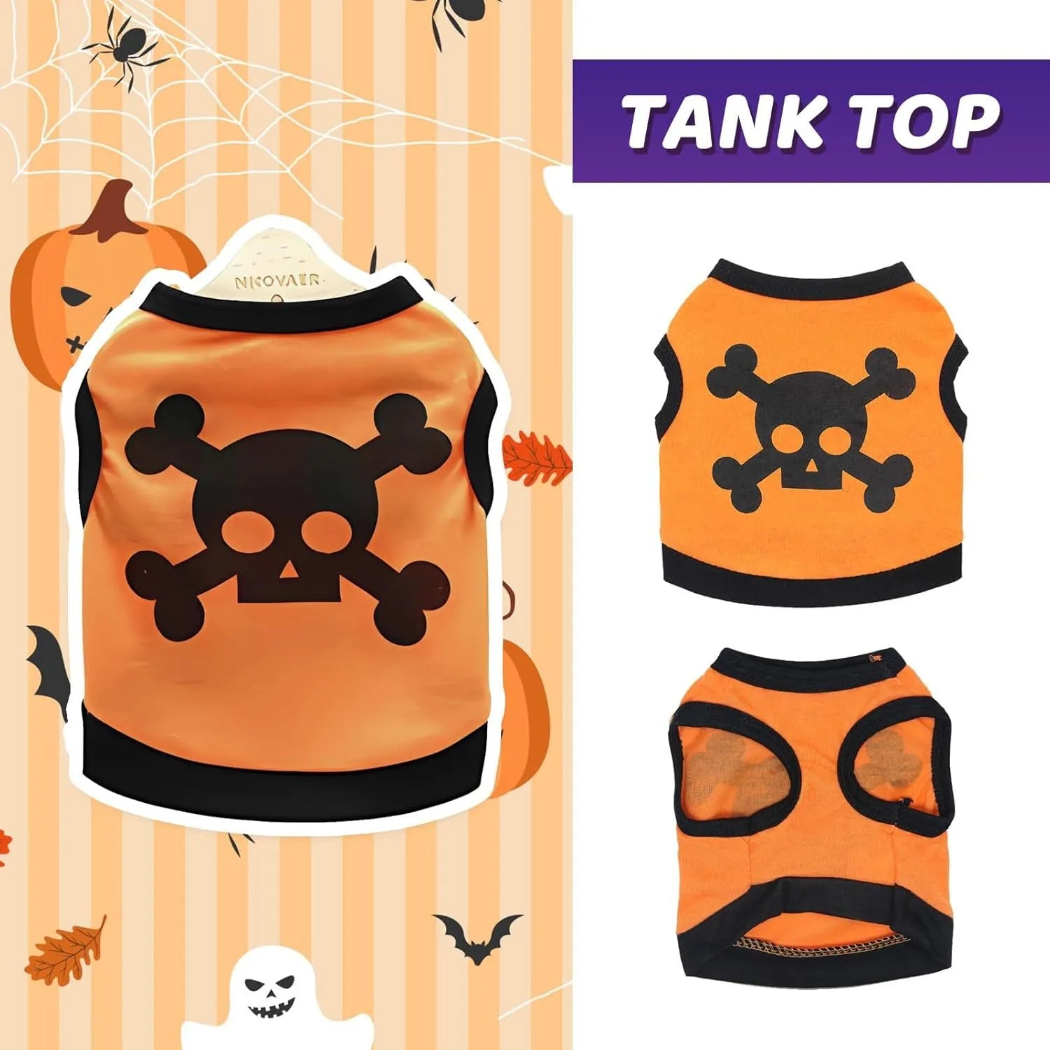 Blue Halloween dog vest with white skull bones pattern on colour block cotton fabric