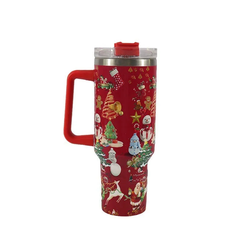 Red Christmas pattern stainless steel travel tumbler with handle and straw