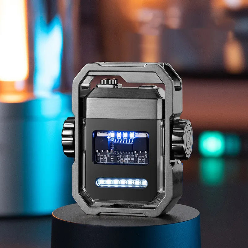Blue windproof plasma electric lighter with a spinning metal gyroscope and USB Type-C charging port