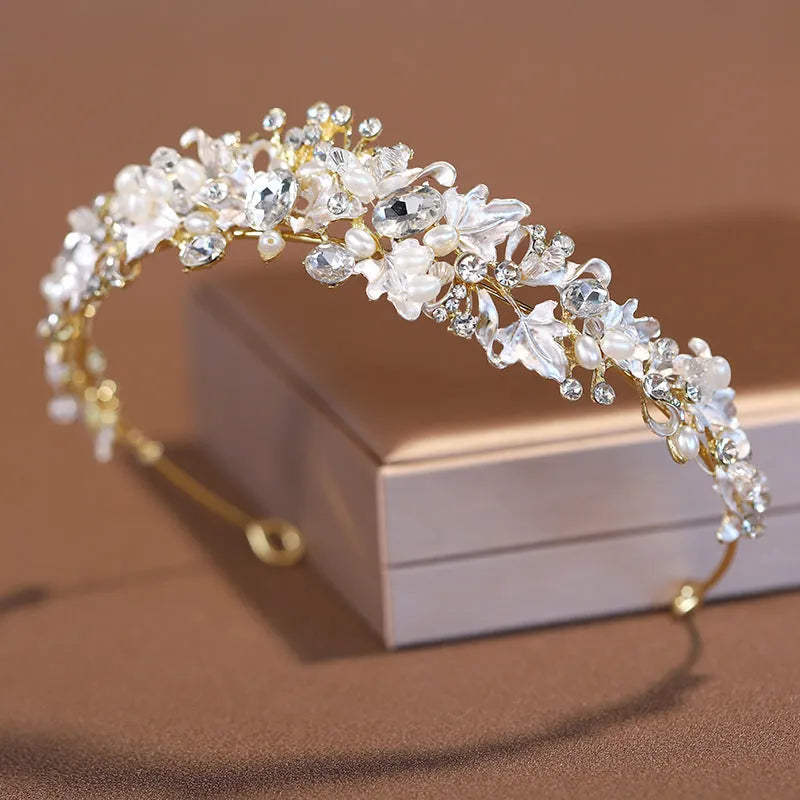 Gold and silver alloy pearl crown headdress for women's weddings and formal occasions