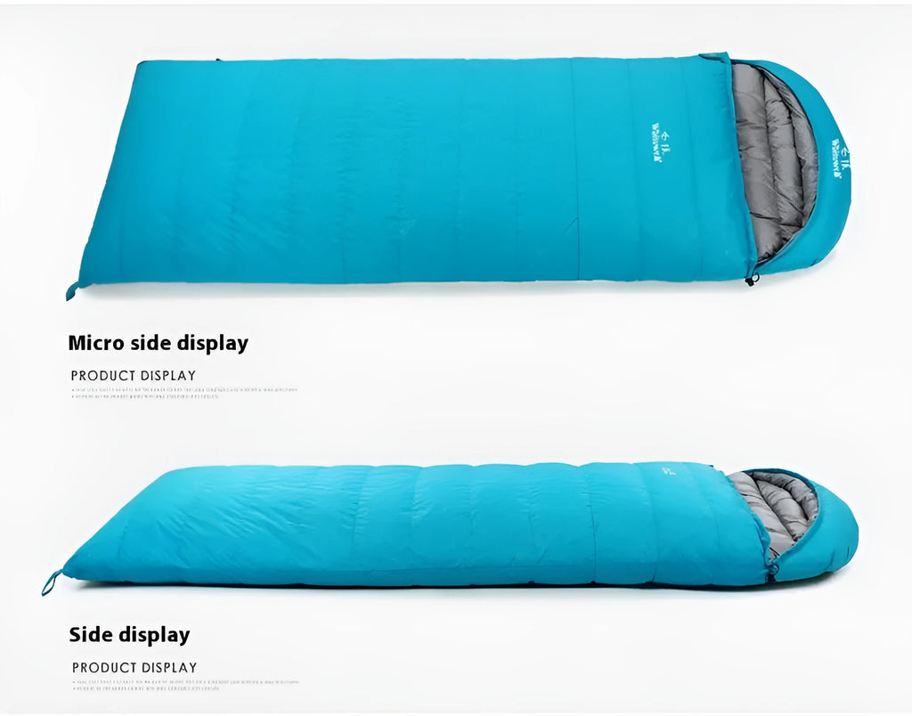 Black outdoor sleeping bag with envelope design, filled with white goose down for camping.