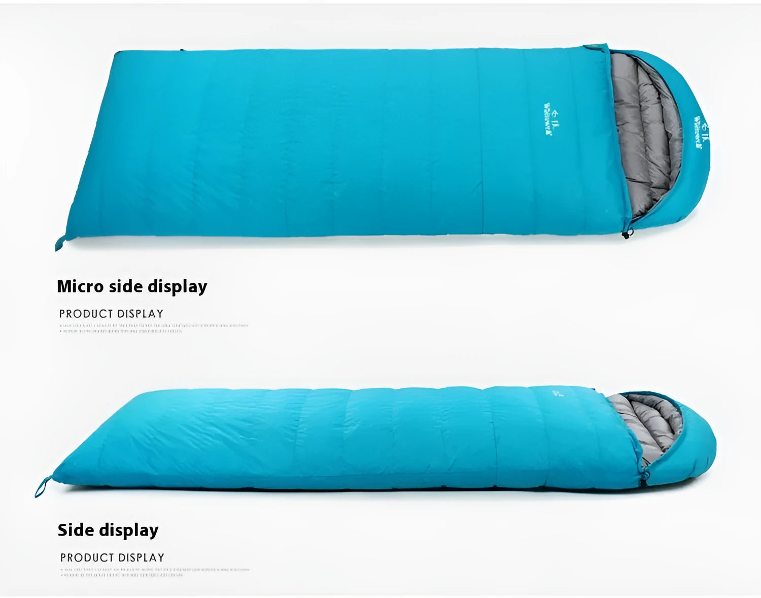 Black outdoor sleeping bag with envelope design, filled with white goose down for camping.
