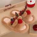 Brown women's fluffy cotton slippers with a deer cartoon design, suede upper, and PVC sole.