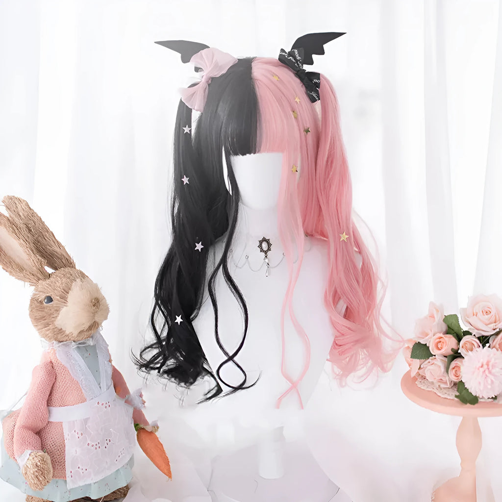 Black pink Harajuku Japanese Lolita wig with long curly hair and full fringe for cosplay
