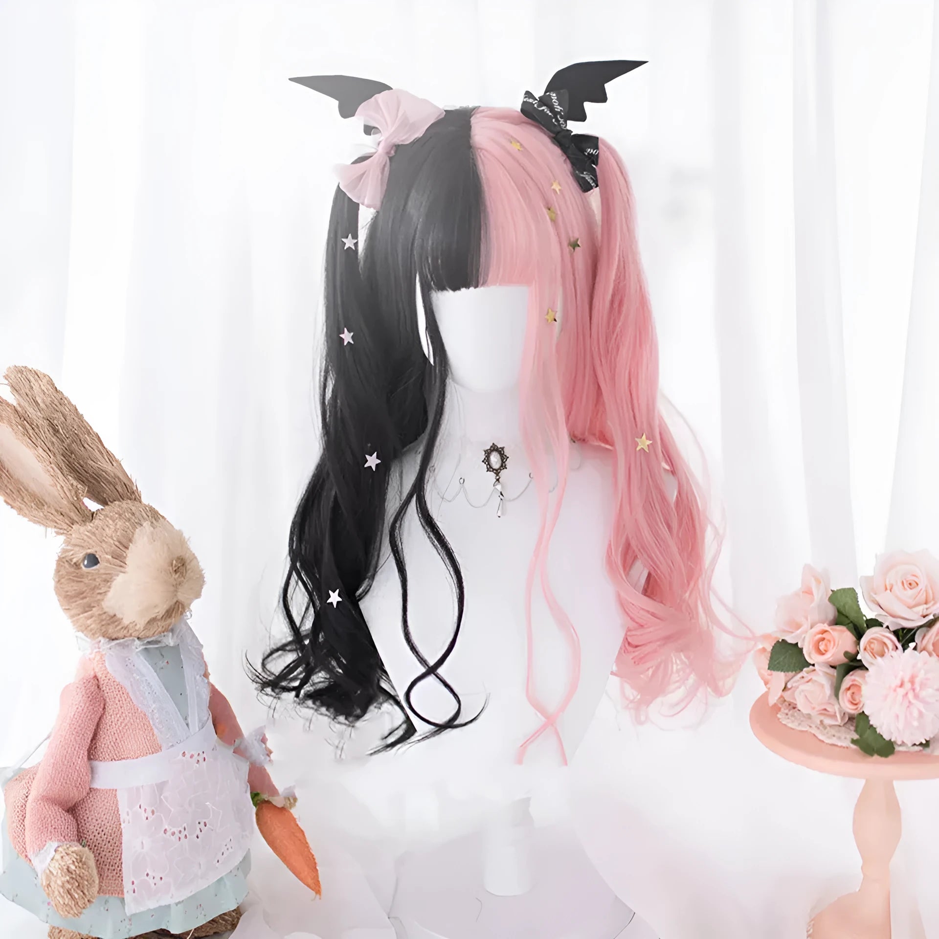Black pink Harajuku Japanese Lolita wig with long curly hair and full fringe for cosplay