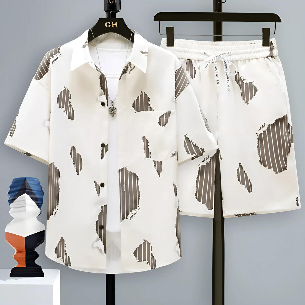 Men's casual sports set with a grey short-sleeve top and matching shorts on a hanger.