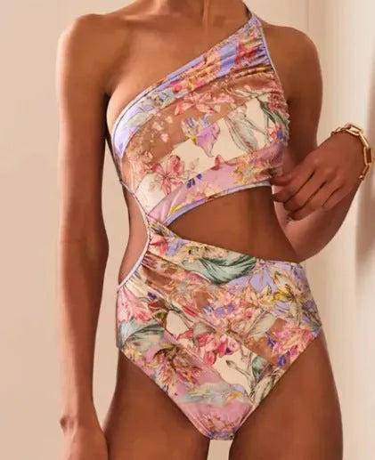 Women's rose gold patterned swimsuit made from polyester fibre in various sizes