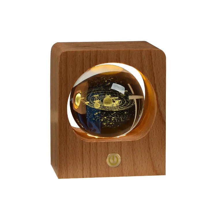 Beech crystal ball night light with 3D laser engraved pattern on wooden base