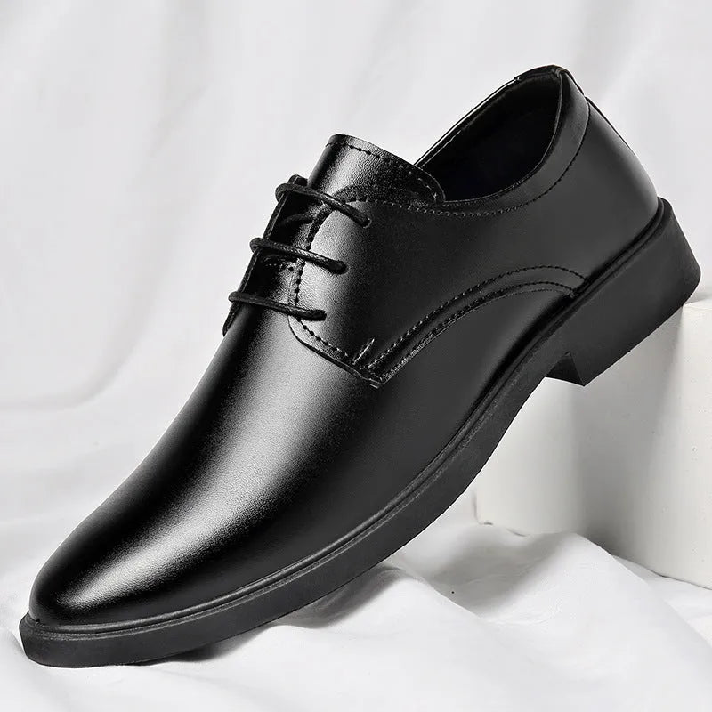 Men's black British style casual formal leather shoes with PU upper and PVC sole, low top, sizes 39 to 47