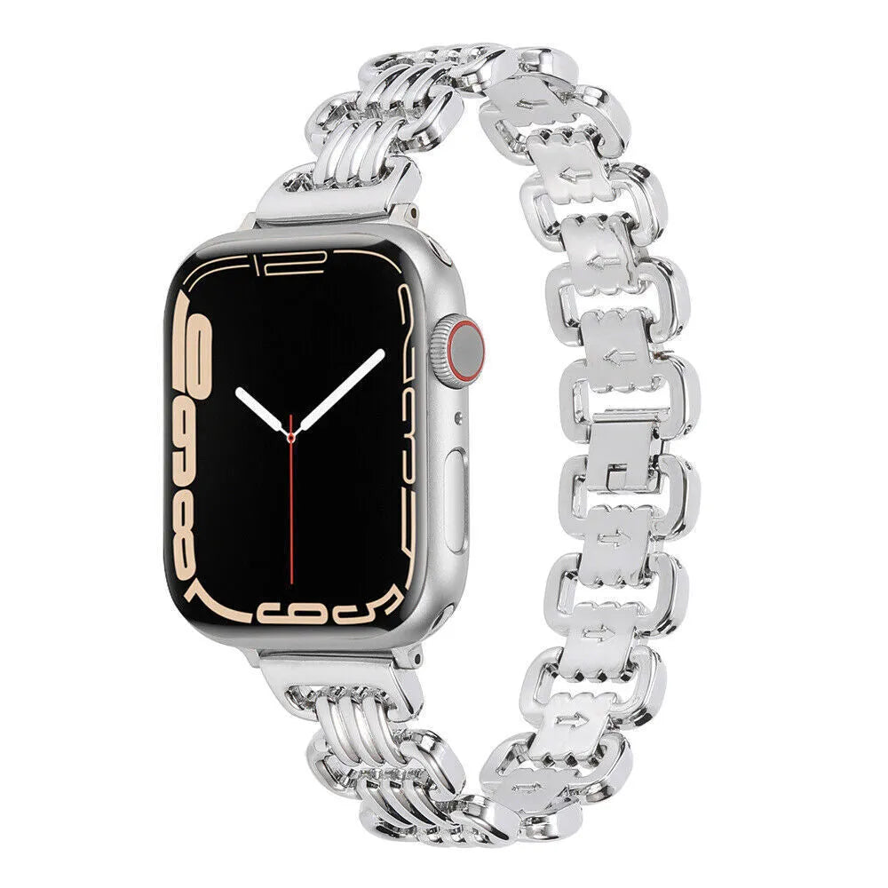 Alloy metal Apple Watch bracelet in silver, black, gold, rose gold, and starlight colours on a grey background.