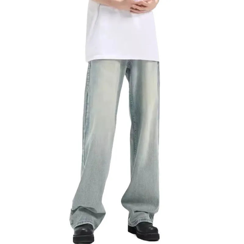 Casual blue retro-style loose trousers made from rabbit fur denim with an elastic fit.