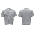 Man wearing a grey pleated cotton t-shirt with a round neck and loose fit.