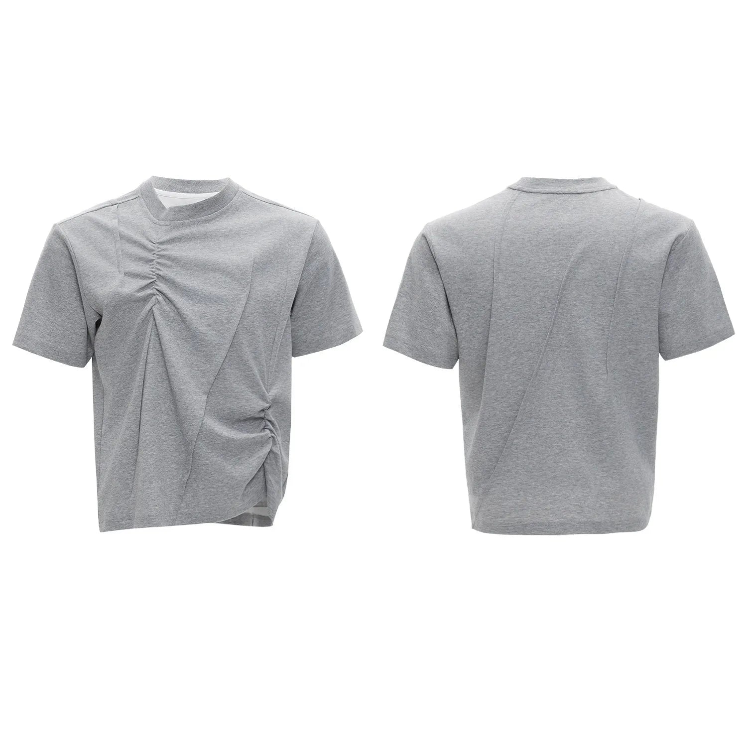 Man wearing a grey pleated cotton t-shirt with a round neck and loose fit.