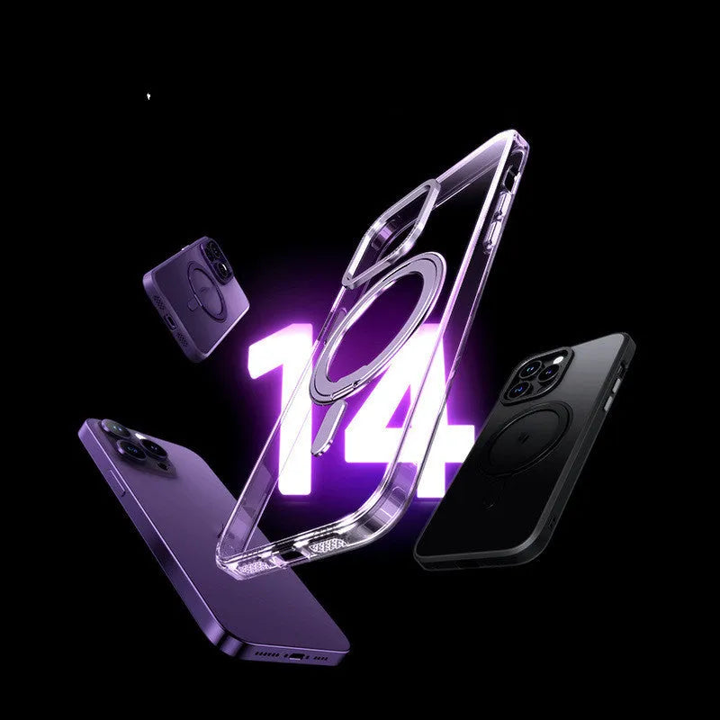Transparent magnetic iPhone protective case with integrated folding bracket in black, clear, and purple colour options