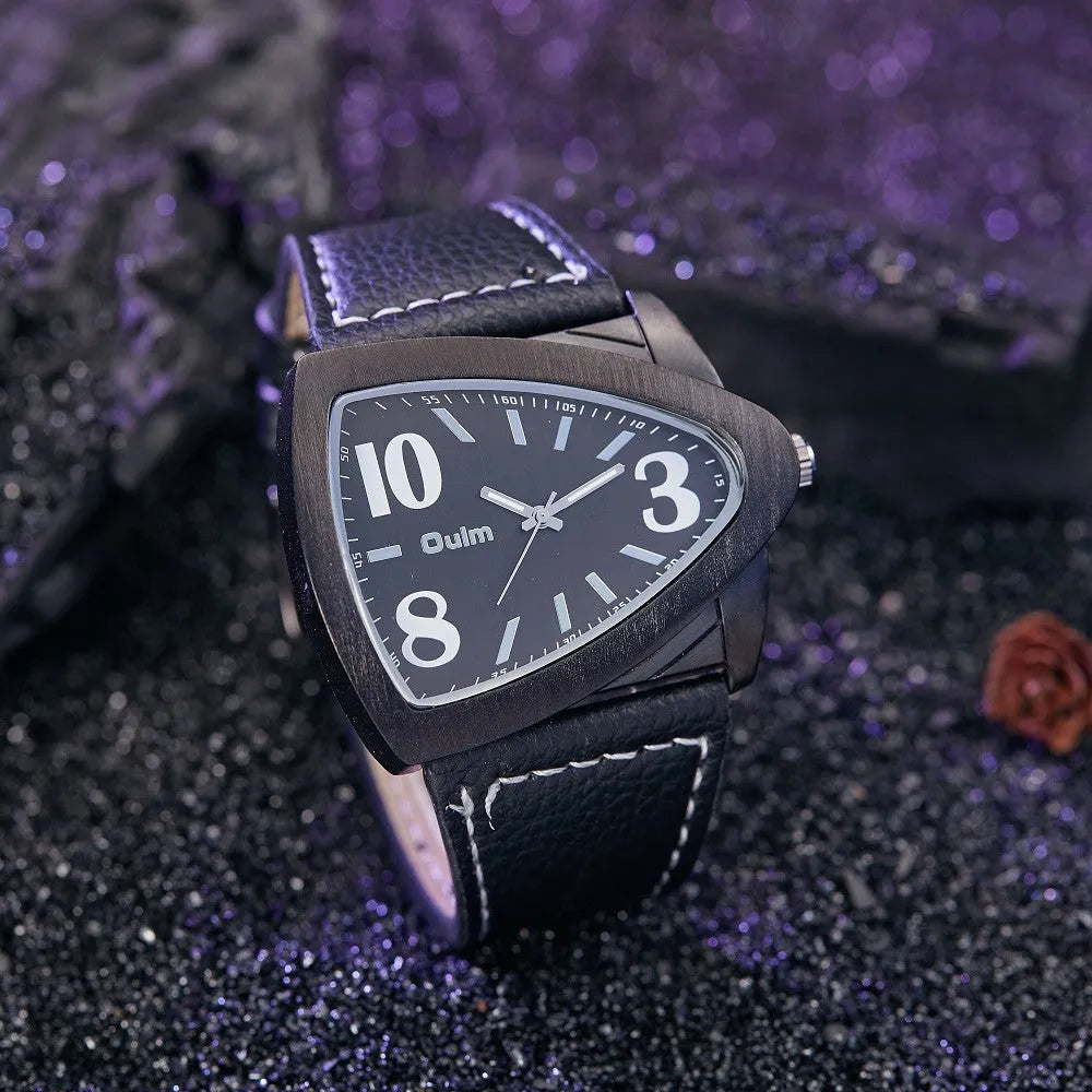 Men's casual watch with triangular belt strap in black, shown on wrist.