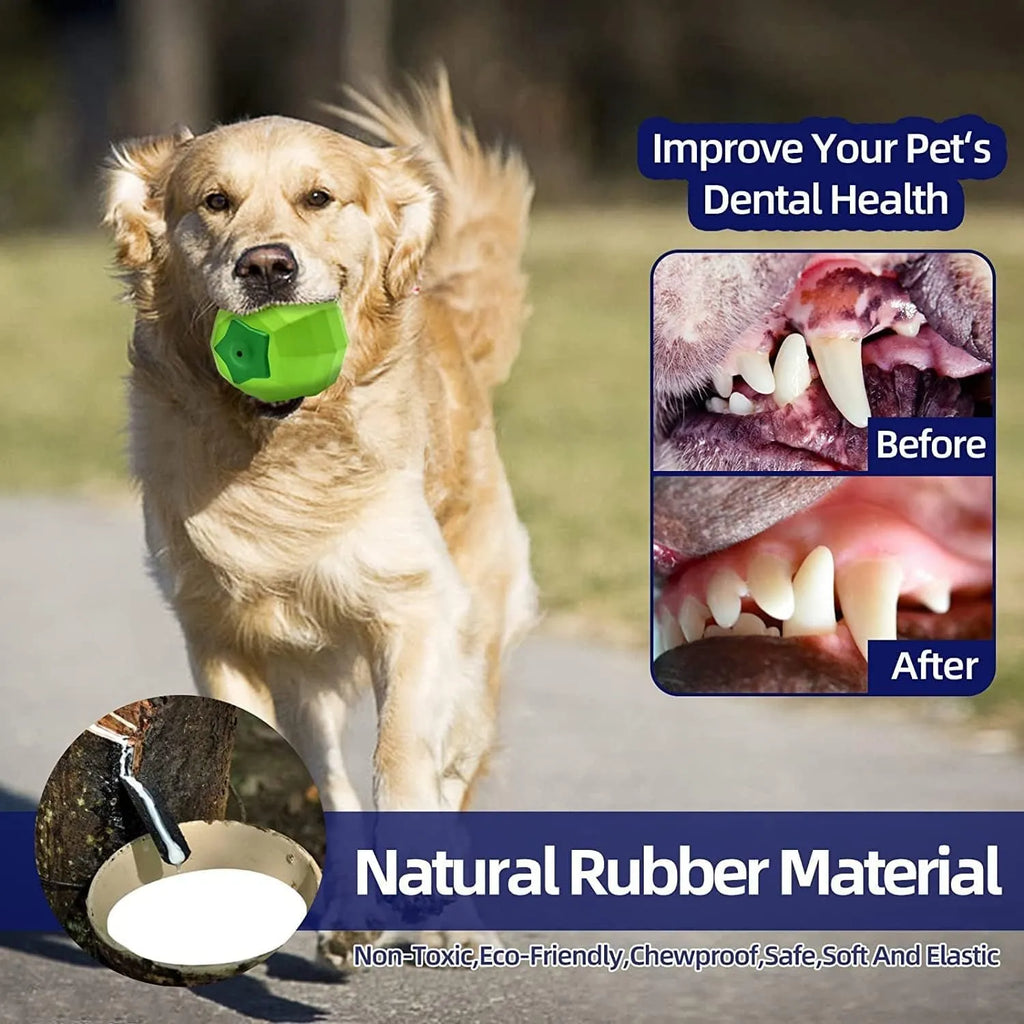 Green natural rubber dog squeaky toy ball for aggressive chewers on a white background.