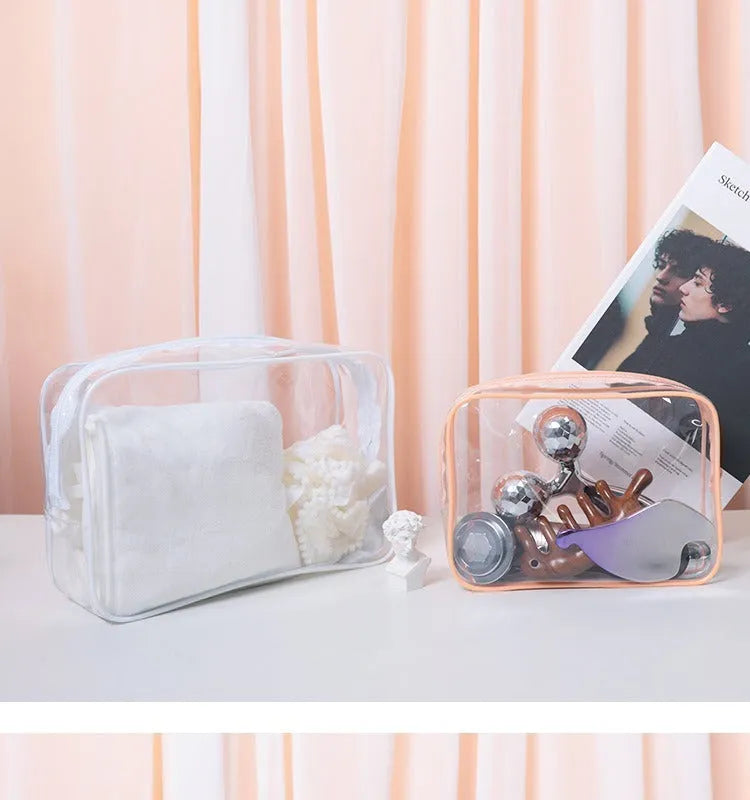 Transparent PVC makeup bag in black, pink or white colours with customisable logo option