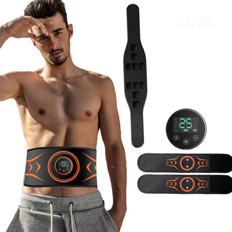 Rechargeable EMS massage belt with abdominal strap, host unit and arm stickers for muscle strengthening exercises.