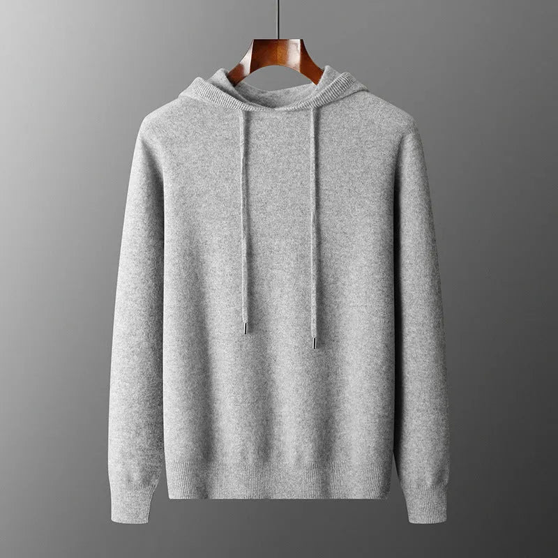 Men's light gray cashmere hooded knitted sweatshirt and matching long pants set for winter leisure wear