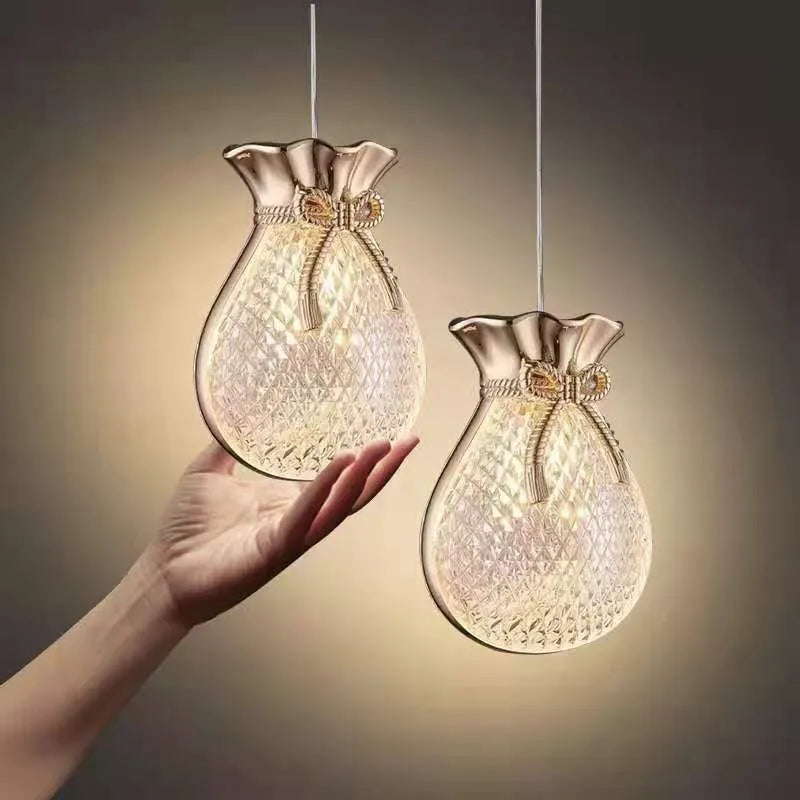 Modern net red lucky bag chandelier with acrylic shade and zinc alloy frame, 13x16cm ceiling light for bedroom
