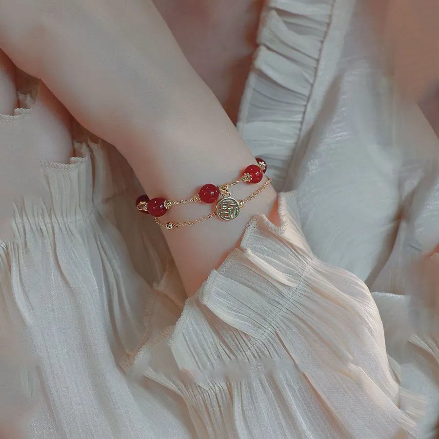 Red agate and alloy double-layer bracelet with horse blessing charm on adjustable band