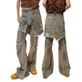 American street style loose hole bootcut pants in picture colour with high waist design