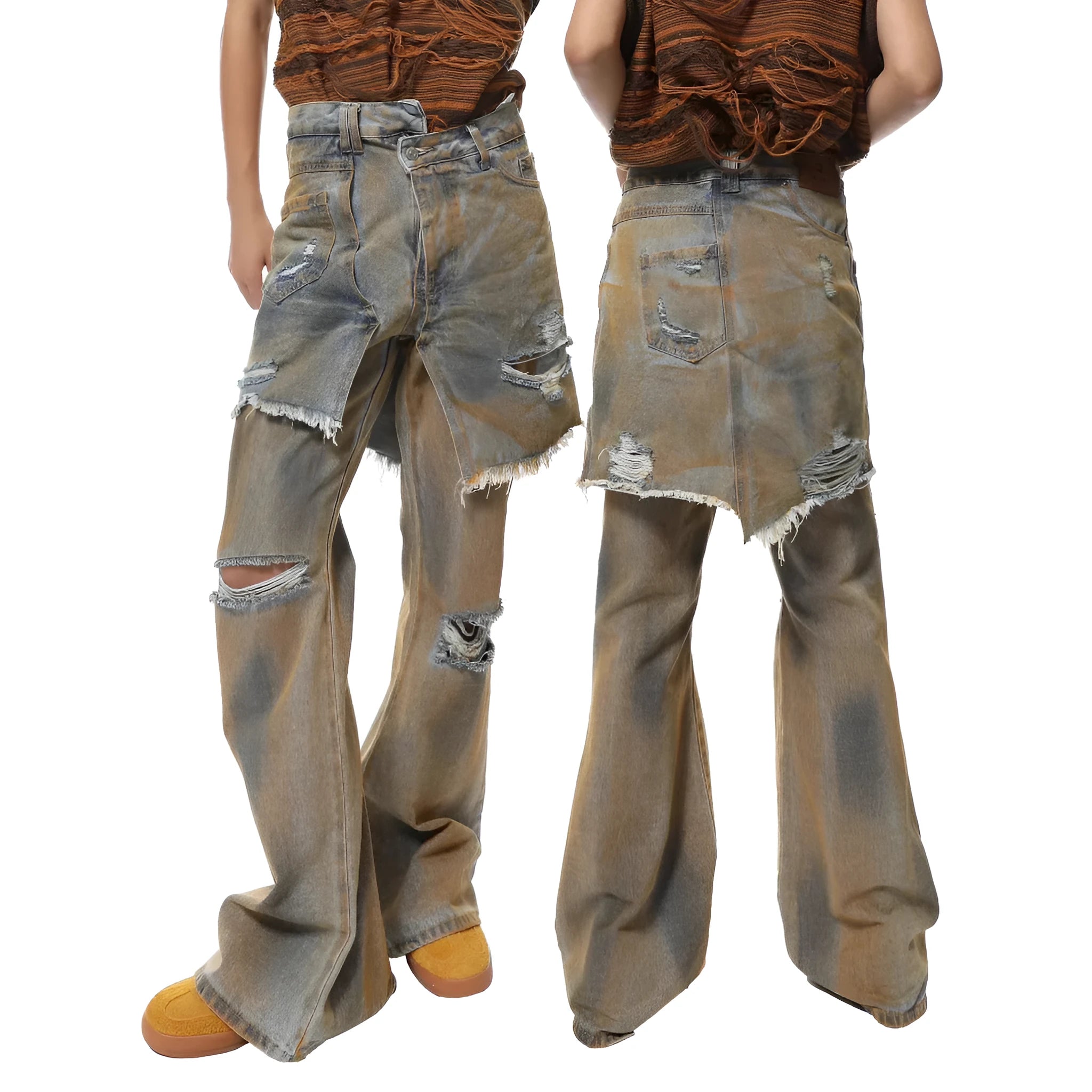 American street style loose hole bootcut pants in picture colour with high waist design