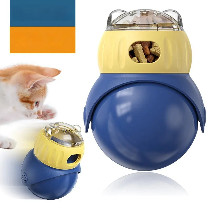Morandi yellow and blue plastic tumbler owl cat puzzle feeder toy.