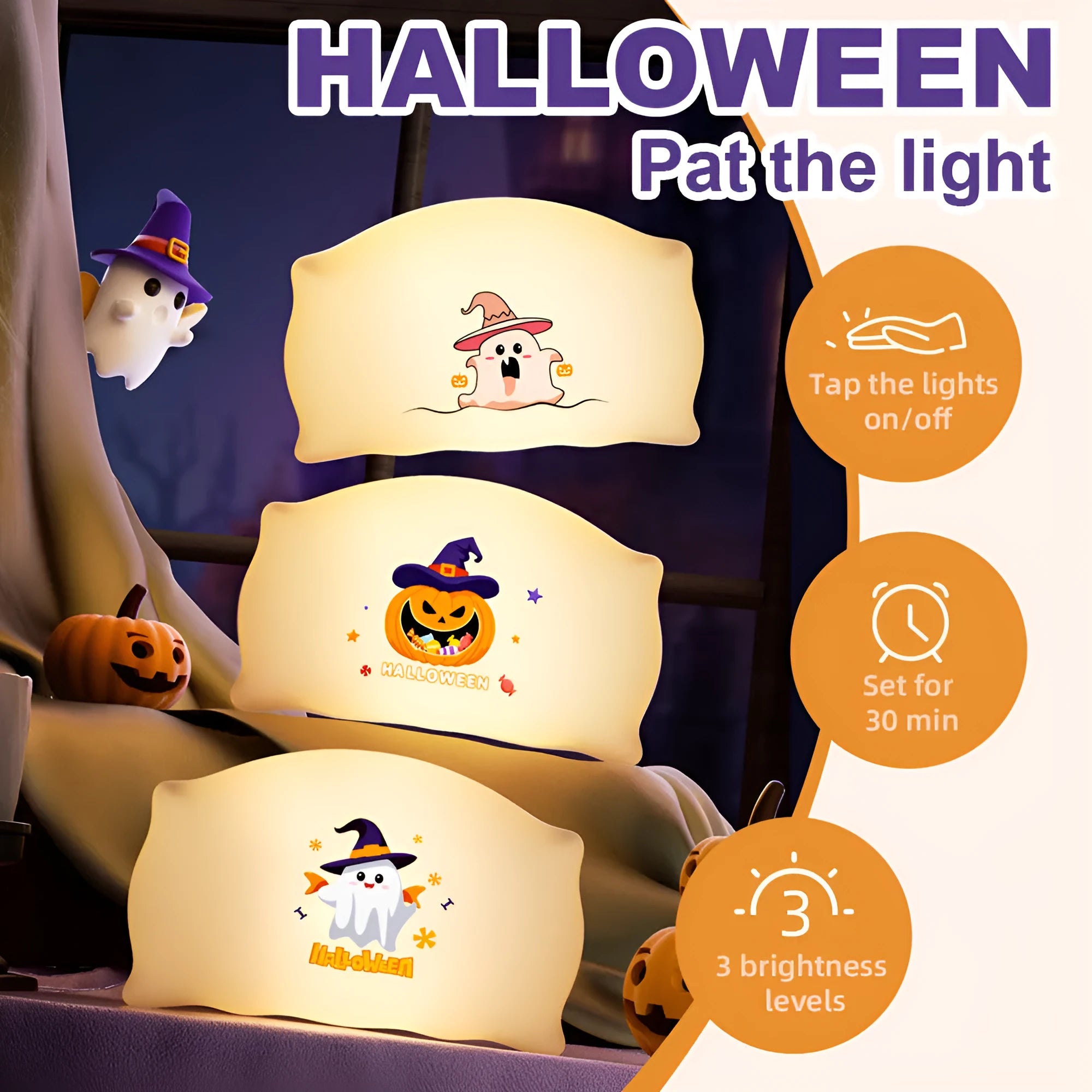 Small cartoon ghost doll table lamp with warm light, showing Magic Ghost and Pumpkin Ghost colour options.