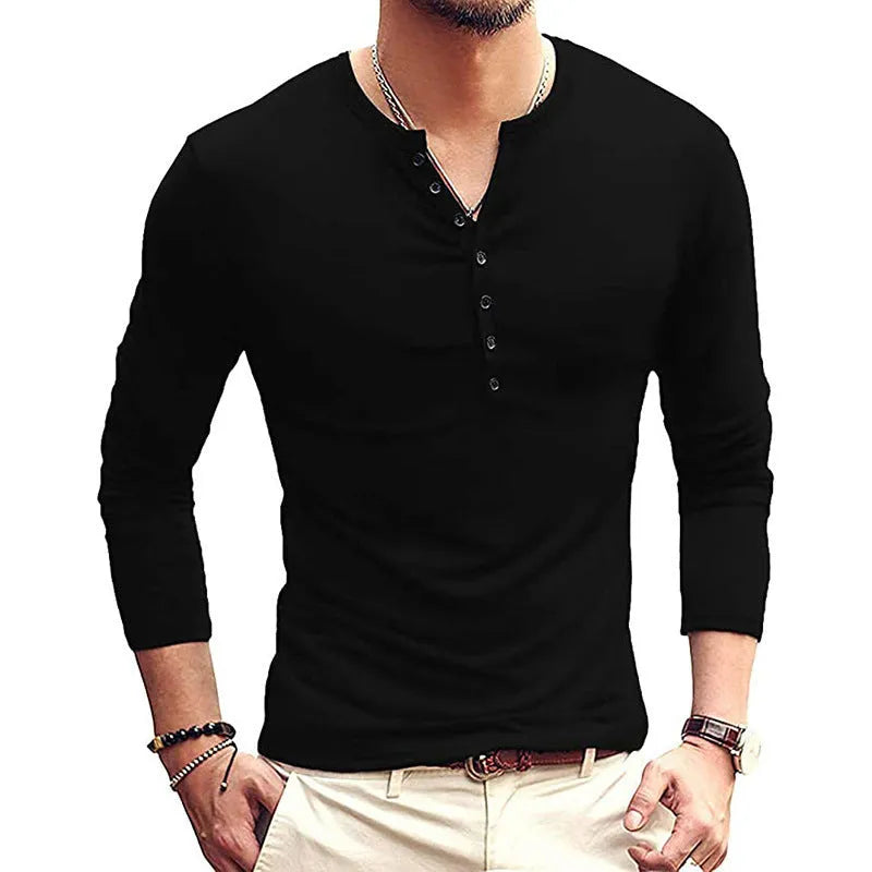 Men's solid colour cotton blend henley shirt with long sleeves and buttoned placket.