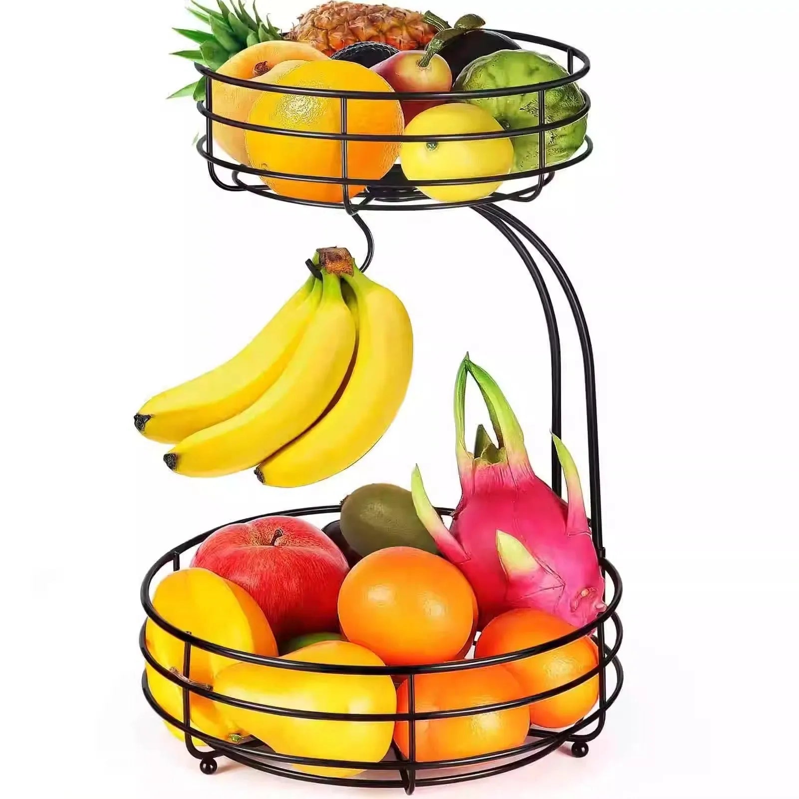 Double-layer black and gold wrought iron fruit basket for kitchen or restaurant storage.