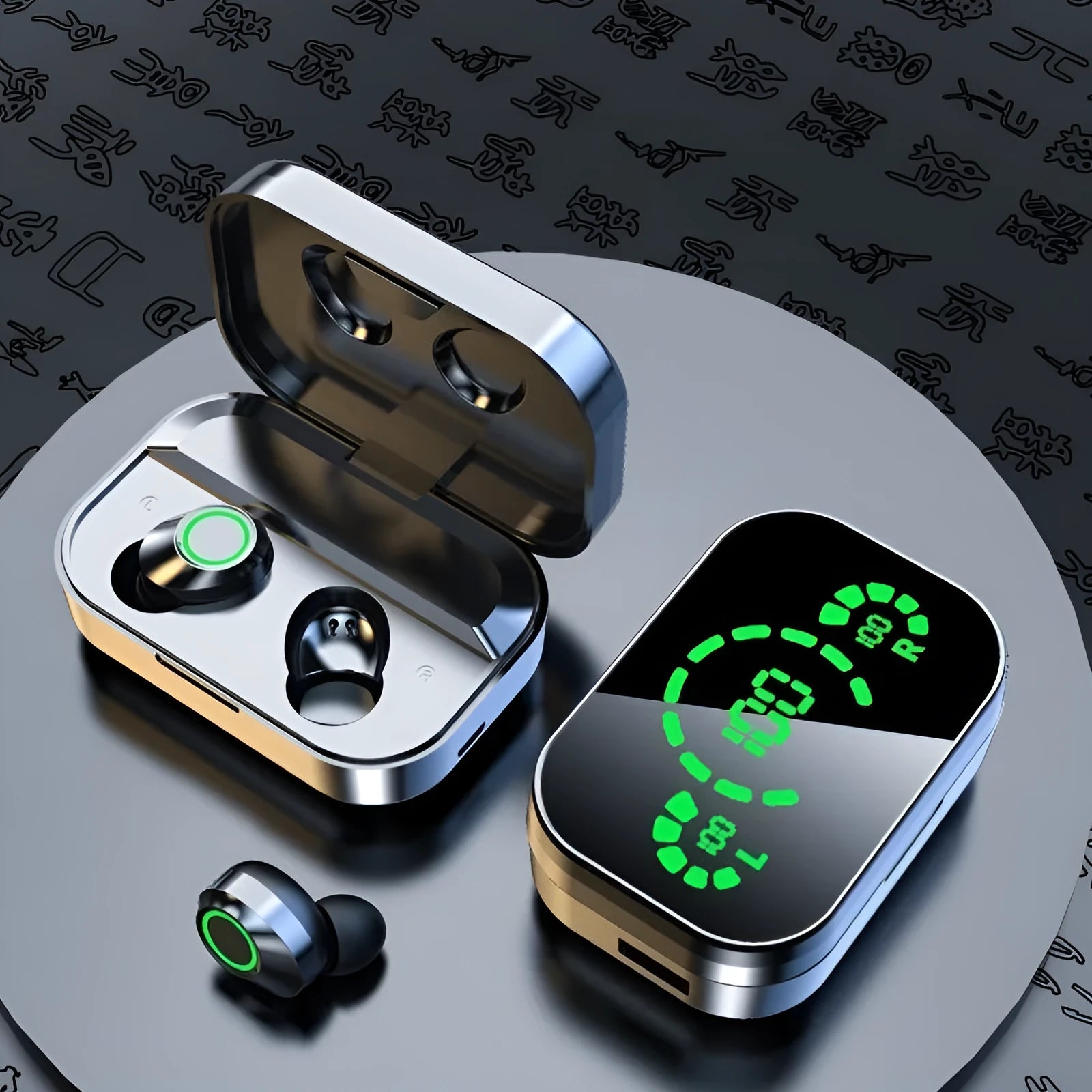 Black wireless earbuds with large screen digital display charging case and breathing light