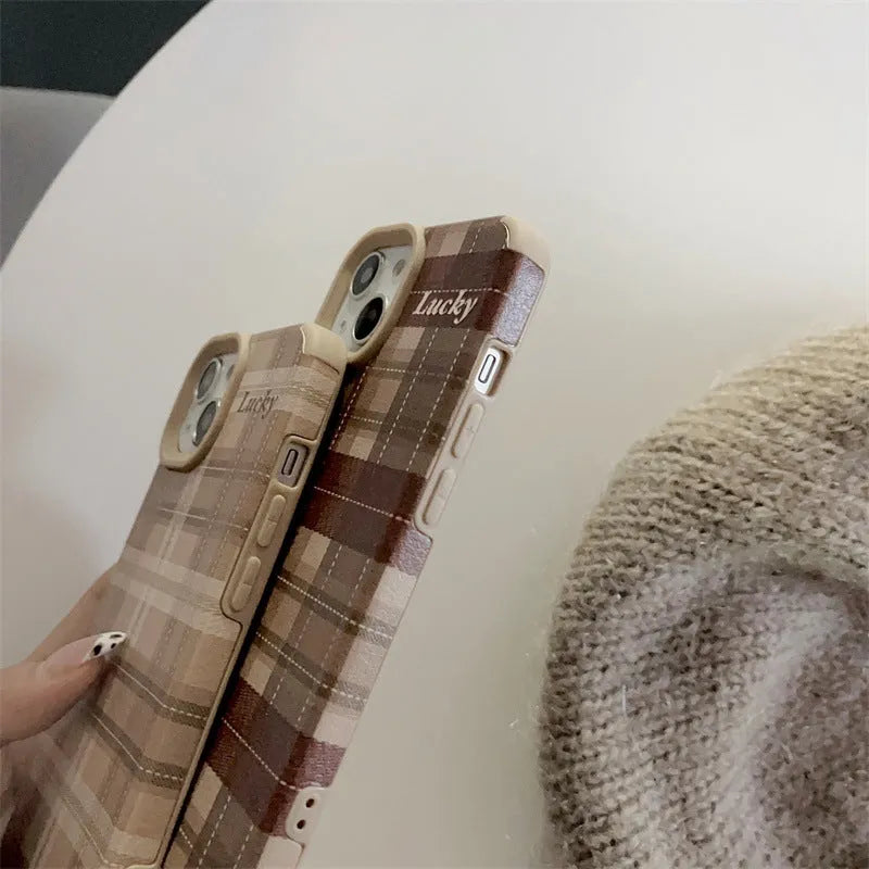 Silicone anti-fall phone case with embossed light coffee plaid lucky letter design for iPhone 13 Pro