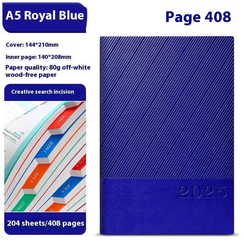 A4 notepad with striped PU leather cover open to show wood-free paper, available in eight colours.