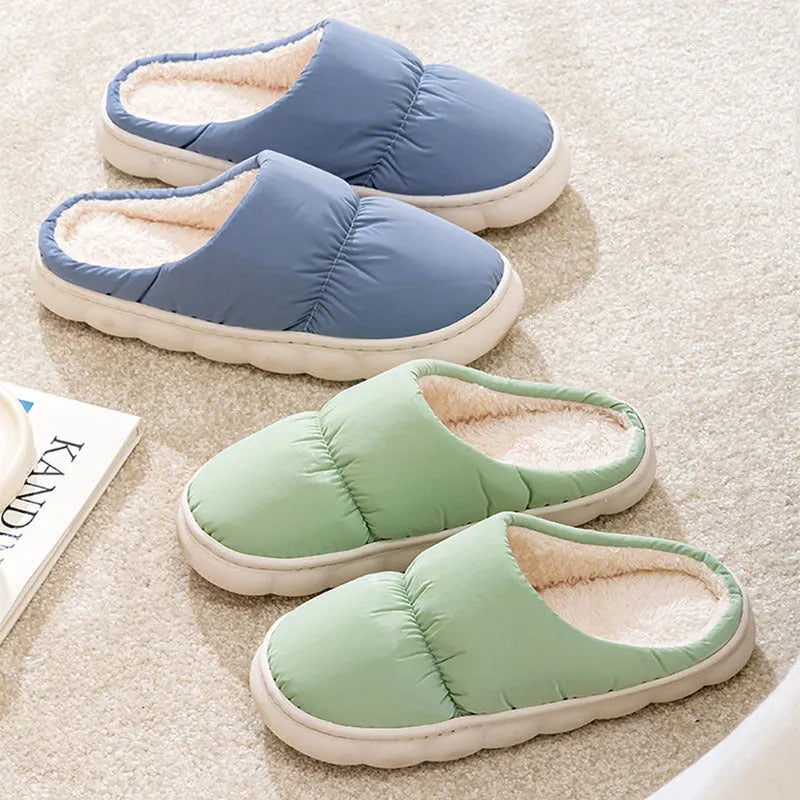 Blue down cotton slippers with artificial leather upper and thick rubber sole for indoor use