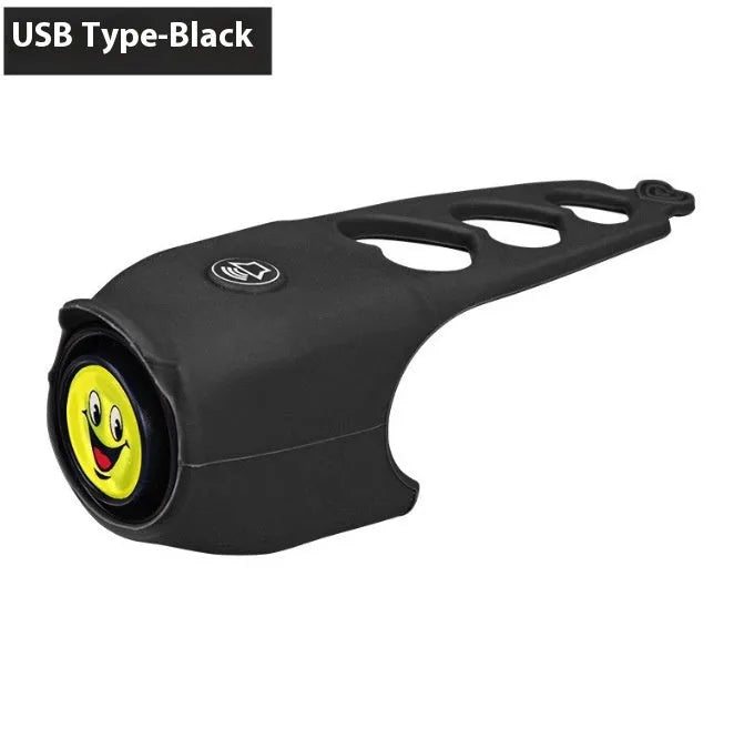 A black electronic bicycle horn with buttons, shown next to two 2032 batteries on a white background.