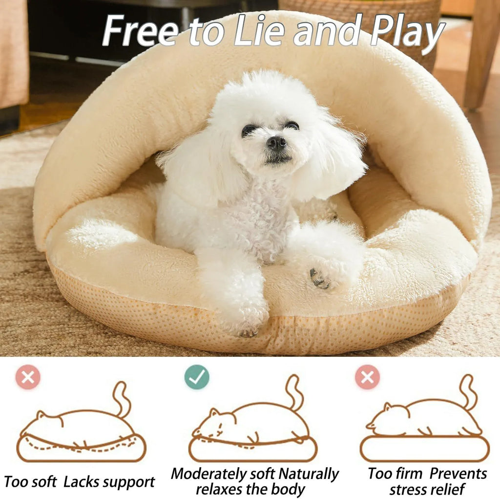 Grey slipper-shaped cat cave bed with plush lining shown both as an enclosed hideout and opened as a flat bed.