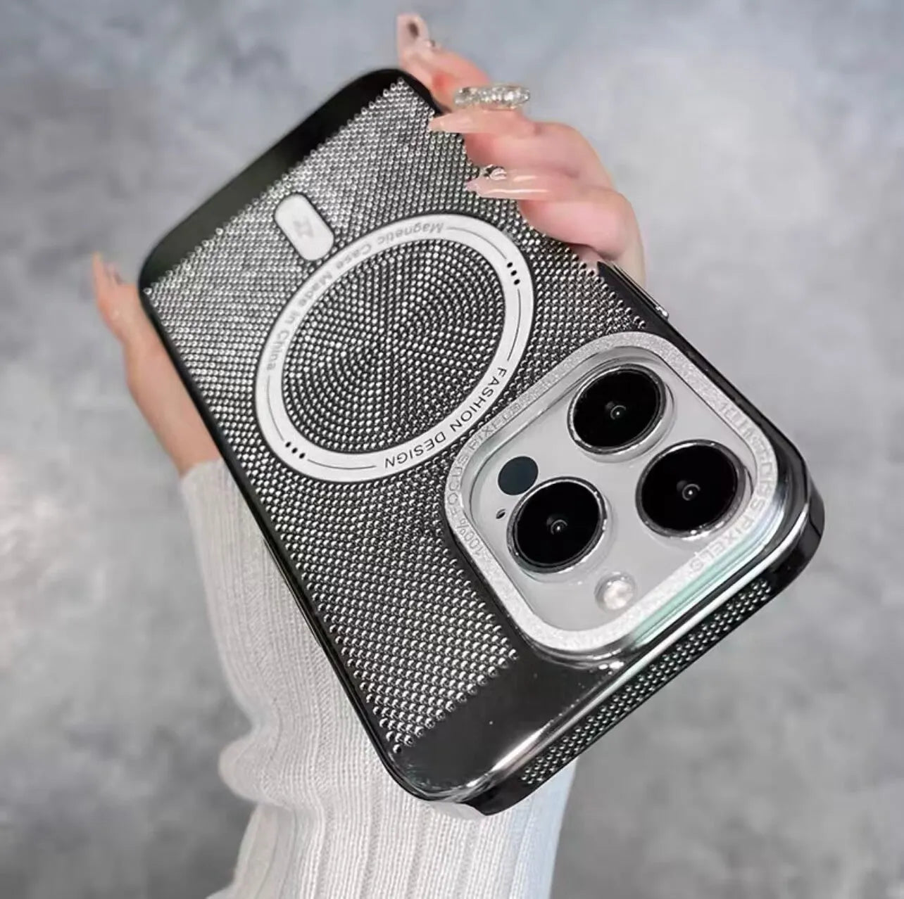 Electroplated metallic magnetic phone case for iPhone, shown in silver colour with strong magnet and heat dissipation design.