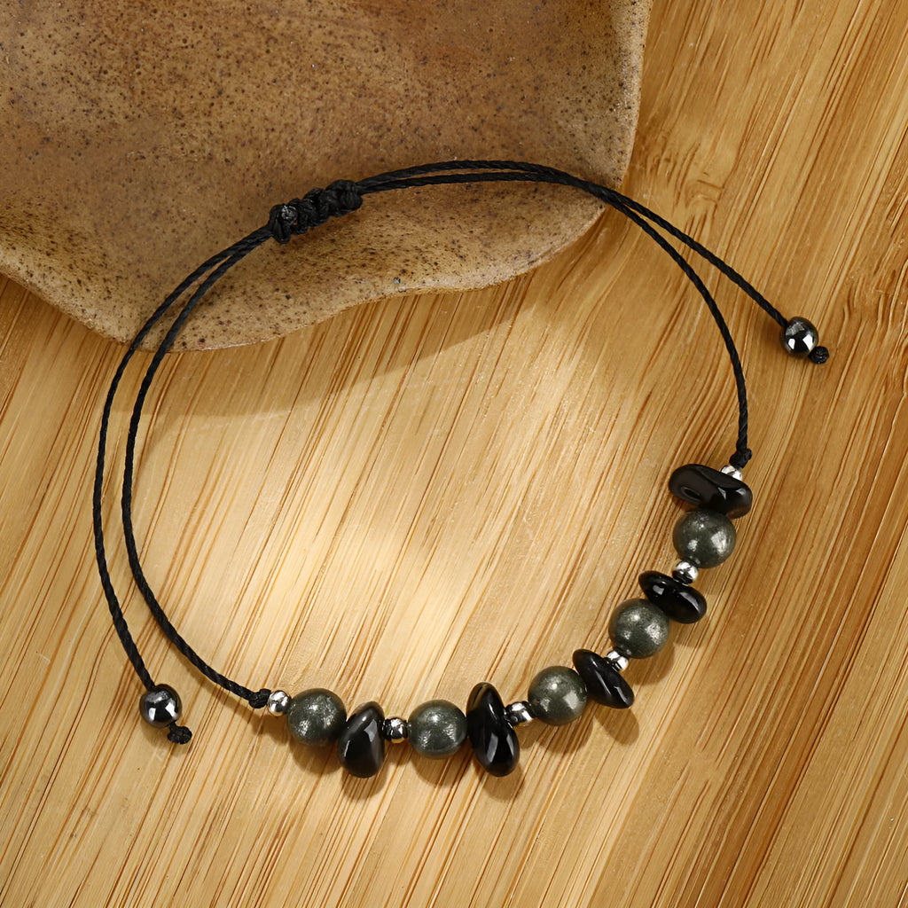 Black garnet stone beaded bracelet with geometric shapes and moon element design